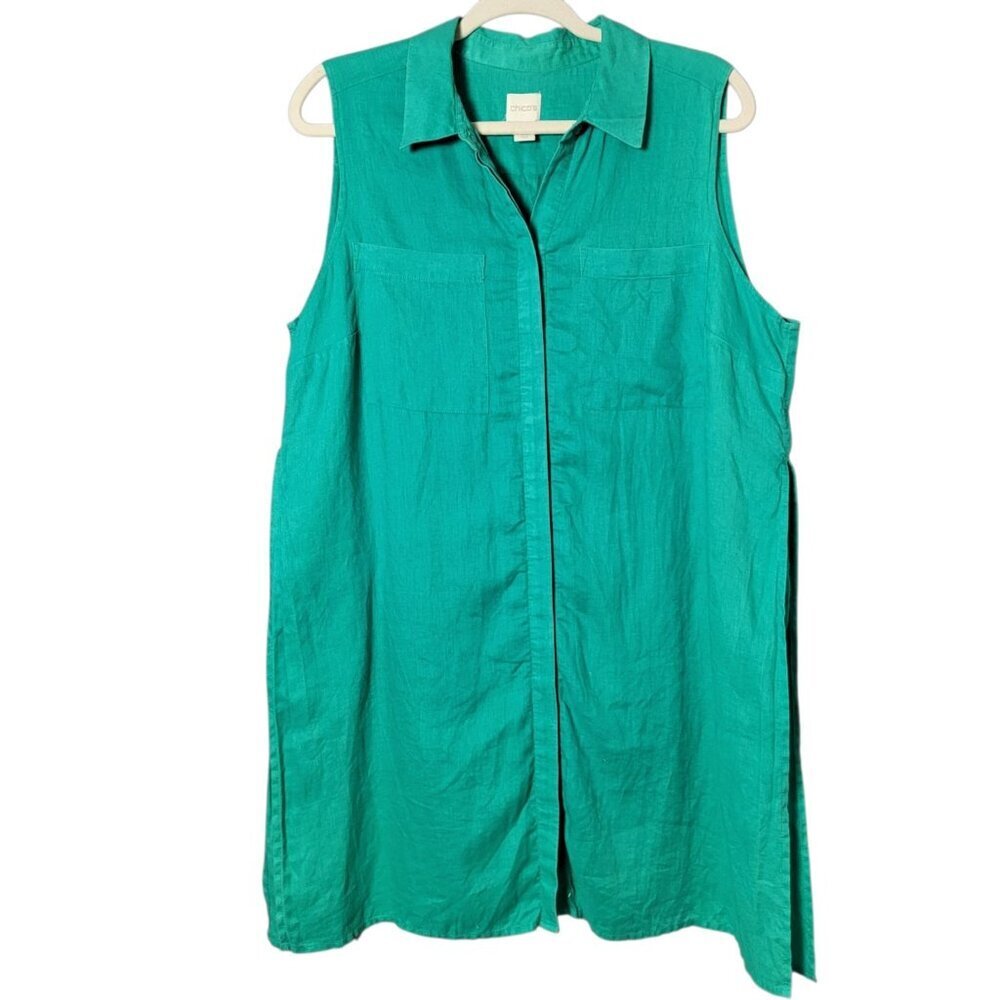 Chico's Womens Kelly Green Linen Beachy Boho Sleeveless Button Up Tunic Top 2